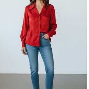 Vintage Mondi Red Silk Croc Snakeskin Print Blouse Womens 40 Bold Button Up